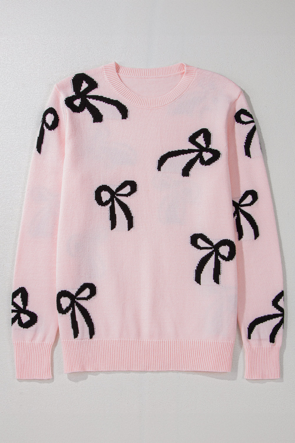Light Pink Bow Pattern Knitted Loose Fit Sweater