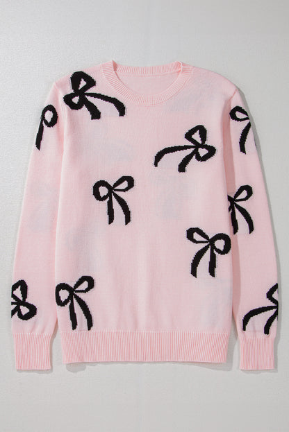 Light Pink Bow Pattern Knitted Loose Fit Sweater