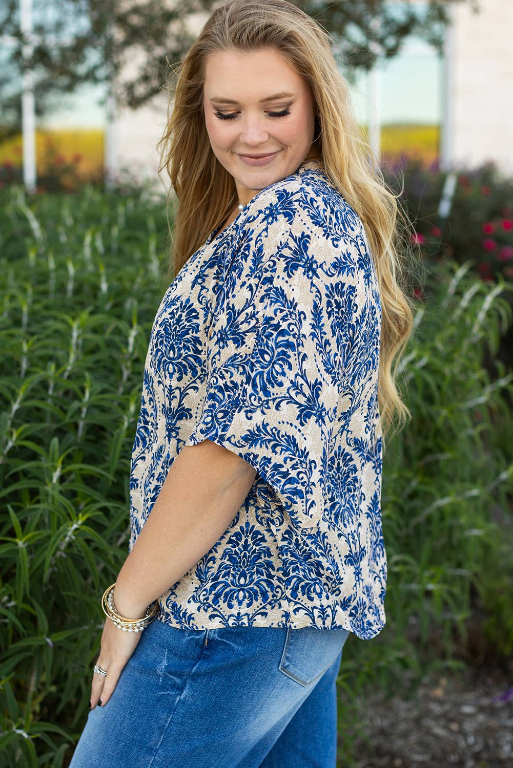 Plus Size Blue Boho Ethnic 3/4 Sleeve Blouse - Flowy Fit, Statement Style