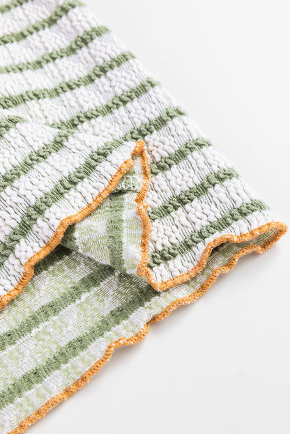 Sky Blue Stripe Textured Frilly Trim Buttons Henley Long Sleeve Top