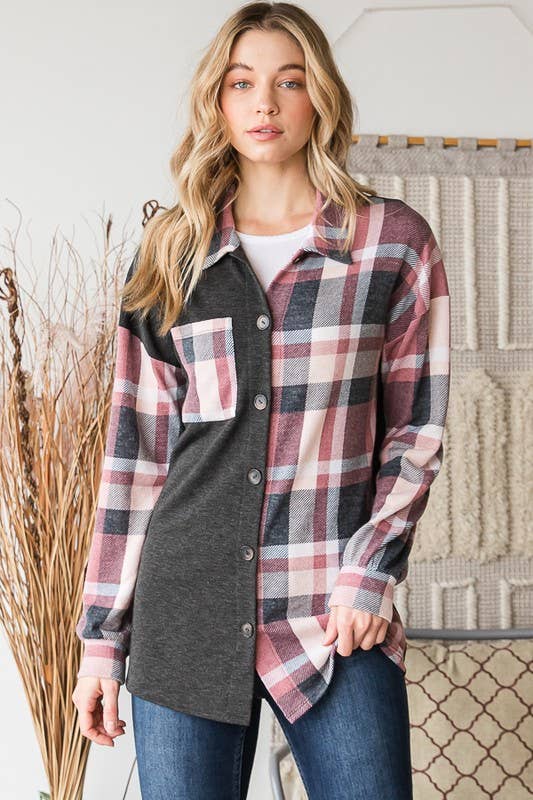Charcoal Plaid Button-Up Shacket | Soft Brushed Flannel Everyday Layer