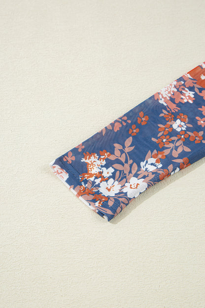 Green Floral Print Mesh Fitted Long Sleeve Top