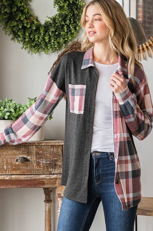 Charcoal Plaid Button-Up Shacket | Soft Brushed Flannel Everyday Layer