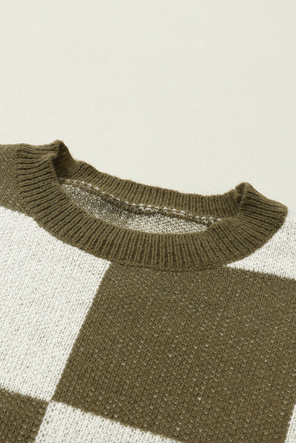 Brown Checkered Floral Print Striped Sleeve Sweater