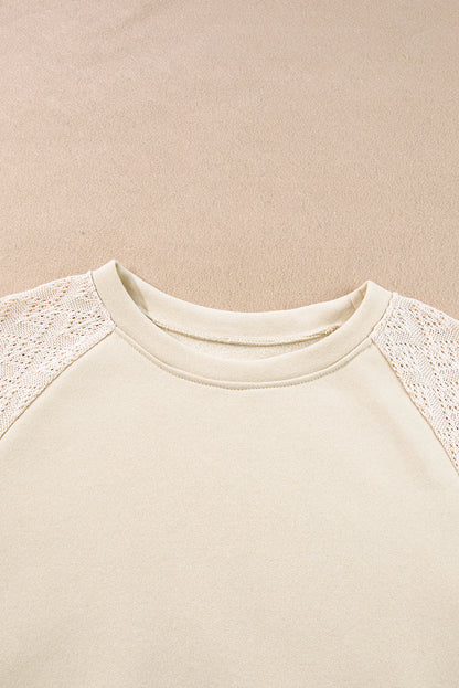 Parchment Eyelet Knit Patchwork Raglan Sleeve Pullover Top