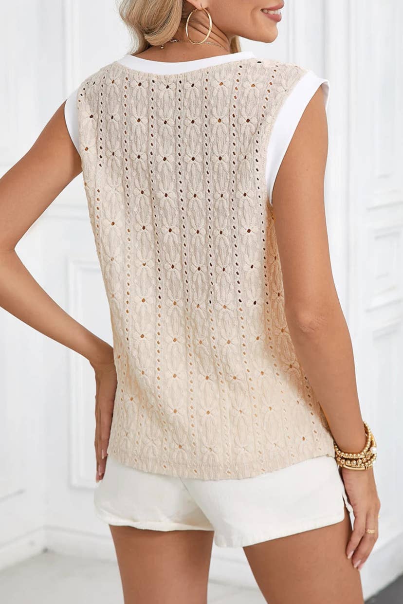 Textured Floral Knit Tank Top - Oatmeal Crewneck Sleeveless