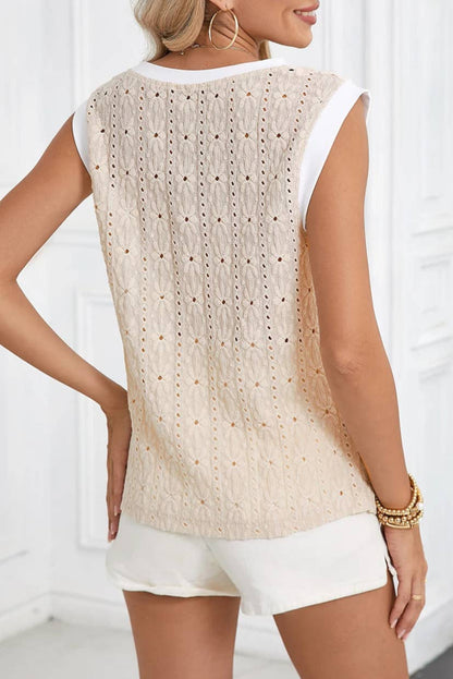 Textured Floral Knit Tank Top - Oatmeal Crewneck Sleeveless