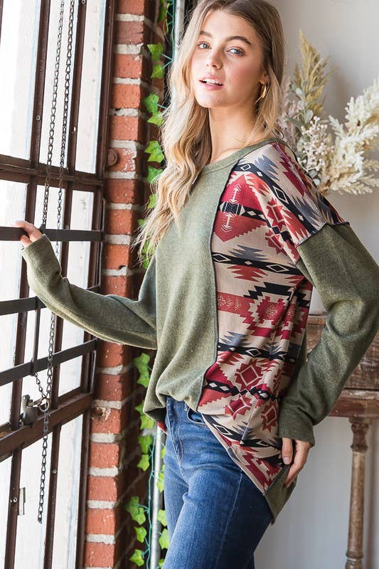 Olive Aztec Stitch Contrast Plus Top | Western Boho Long Sleeve Knit | Cozy Holiday Outfit (1X–3X)