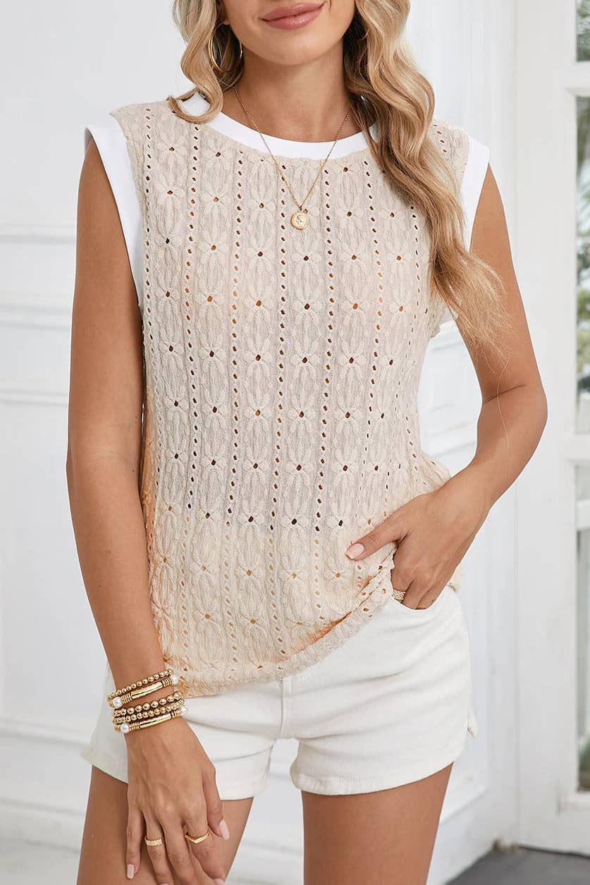 Textured Floral Knit Tank Top - Oatmeal Crewneck Sleeveless
