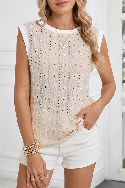 Textured Floral Knit Tank Top - Oatmeal Crewneck Sleeveless