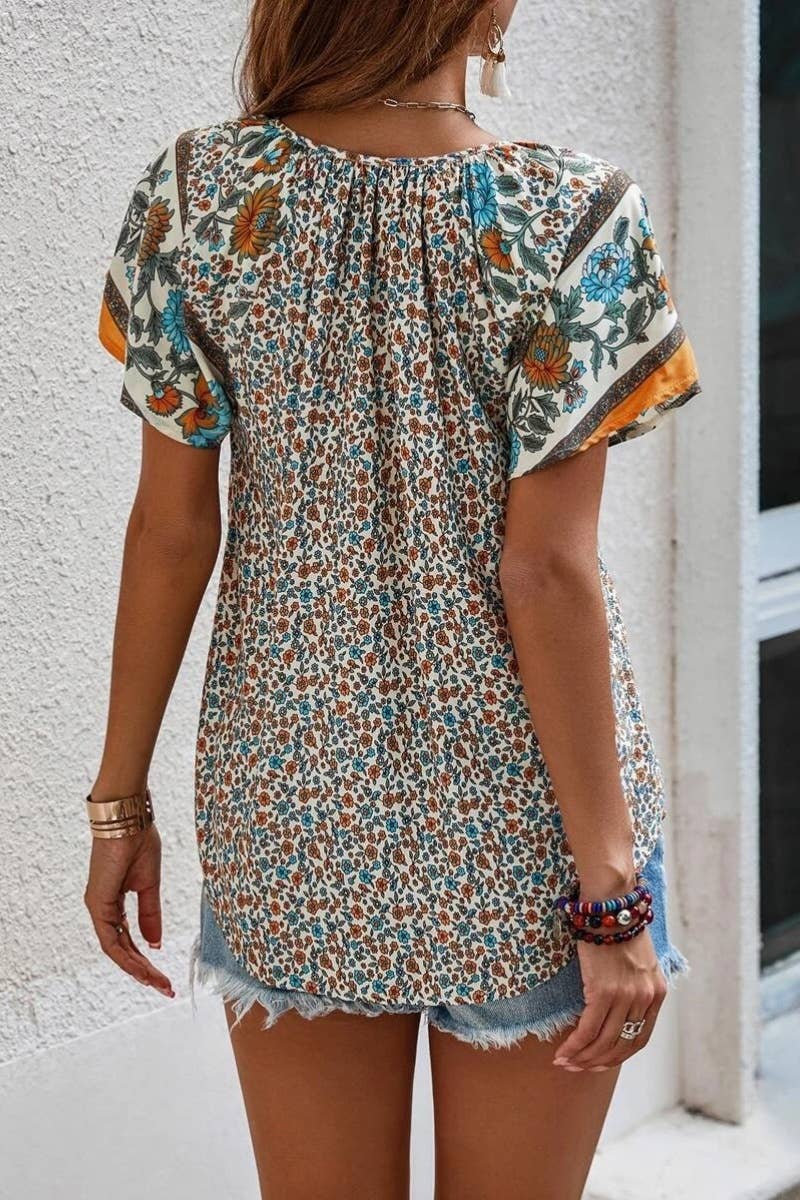 Boho Breeze V-Neck Short Sleeve Top - Available in Red & Beige | Sizes S-XXL