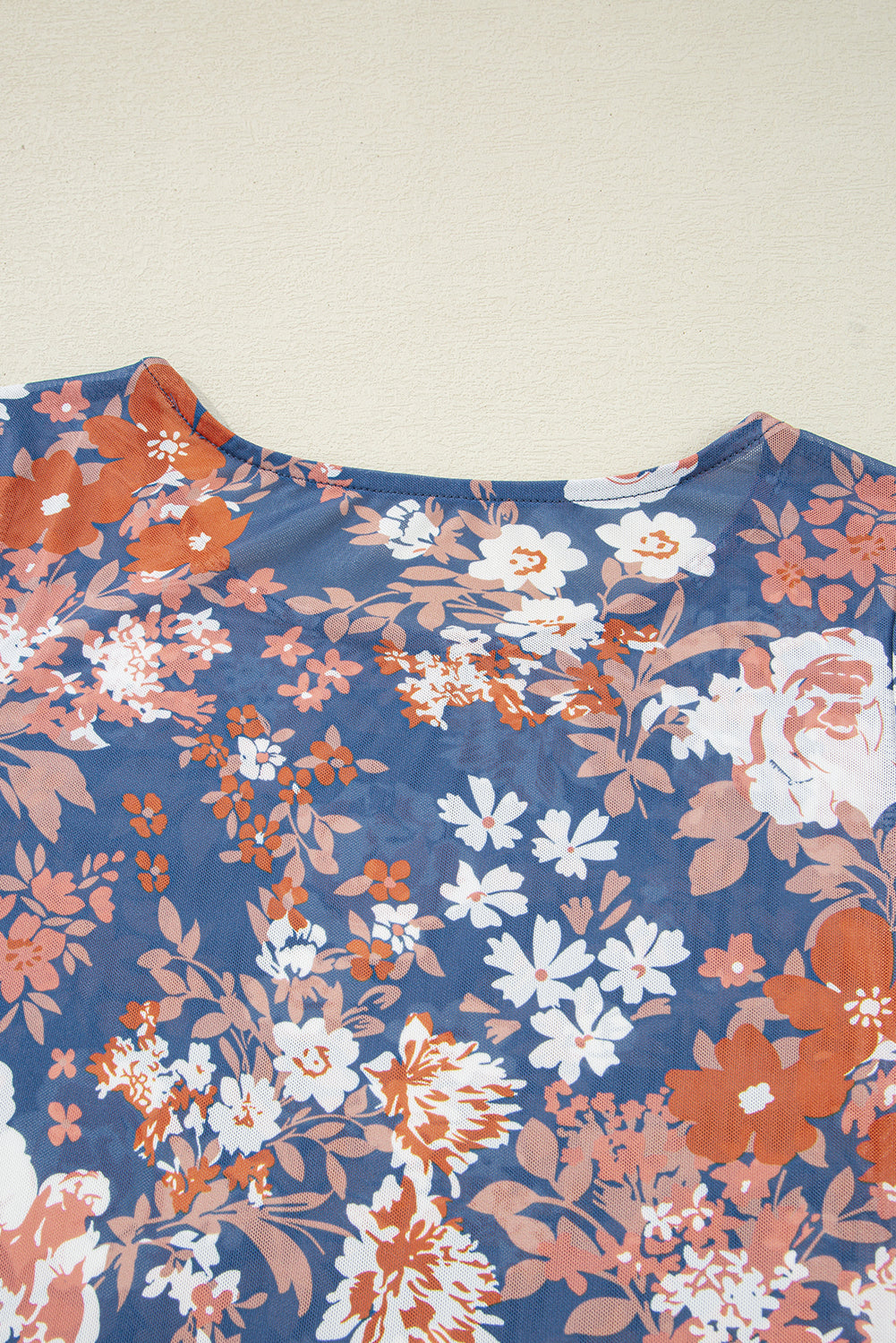 Green Floral Print Mesh Fitted Long Sleeve Top