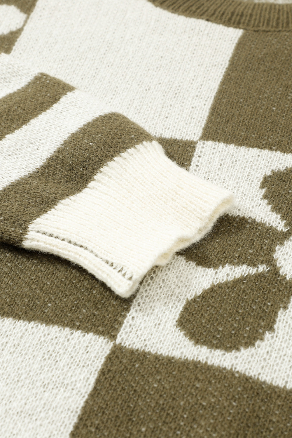 Brown Checkered Floral Print Striped Sleeve Sweater