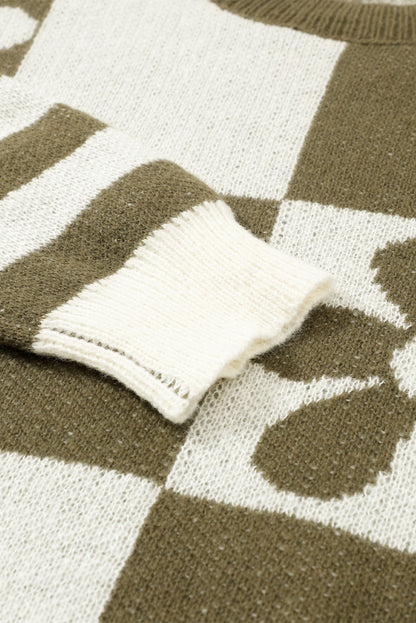 Brown Checkered Floral Print Striped Sleeve Sweater