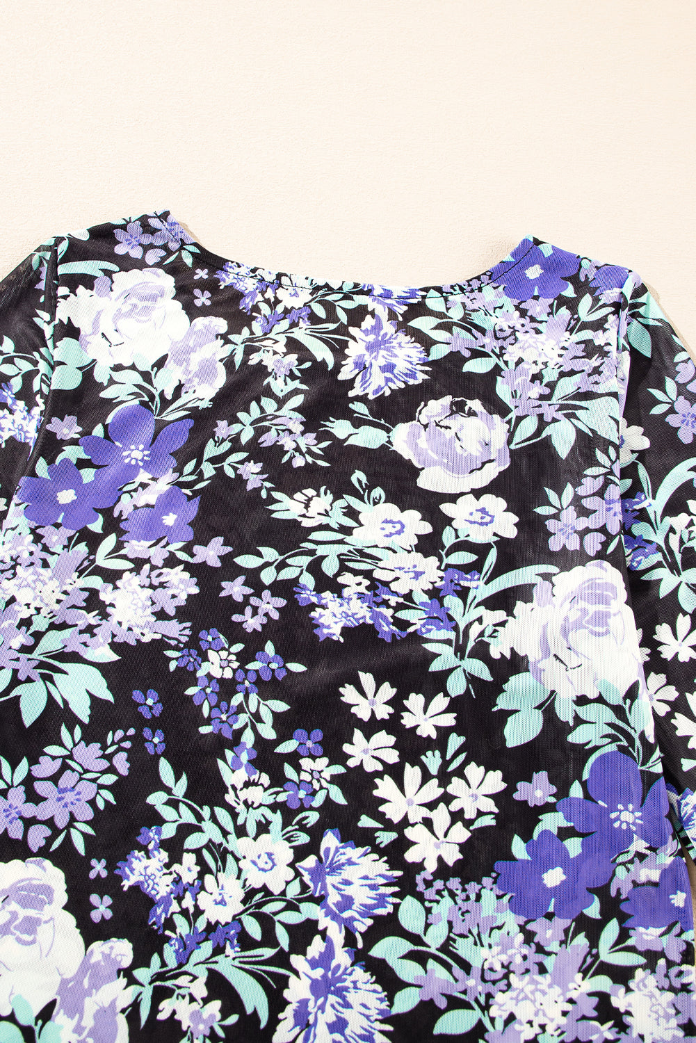 Green Floral Print Mesh Fitted Long Sleeve Top