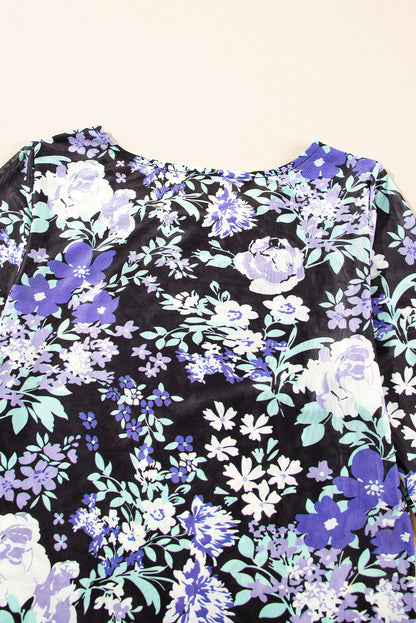 Green Floral Print Mesh Fitted Long Sleeve Top