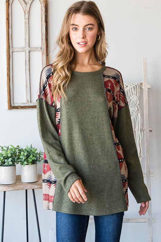 Olive Aztec Stitch Contrast Plus Top | Western Boho Long Sleeve Knit | Cozy Holiday Outfit (1X–3X)