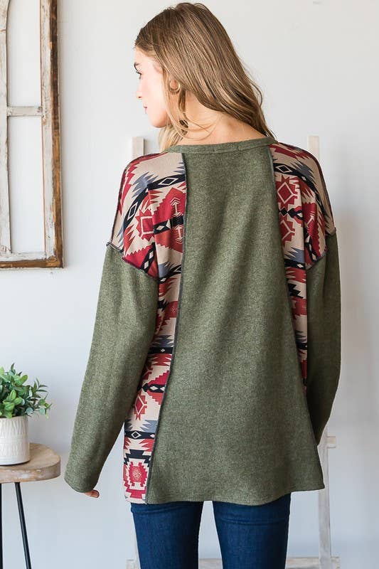 Olive Aztec Stitch Contrast Plus Top | Western Boho Long Sleeve Knit | Cozy Holiday Outfit (1X–3X)