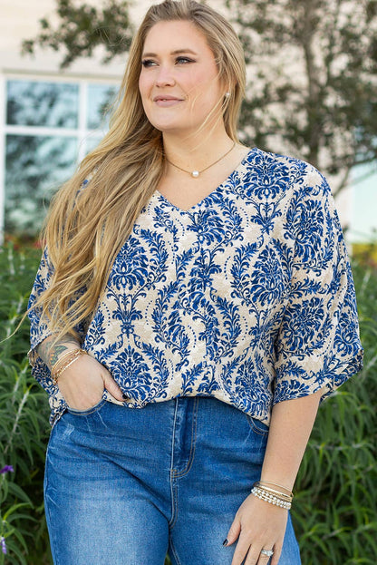 Plus Size Blue Boho Ethnic 3/4 Sleeve Blouse - Flowy Fit, Statement Style