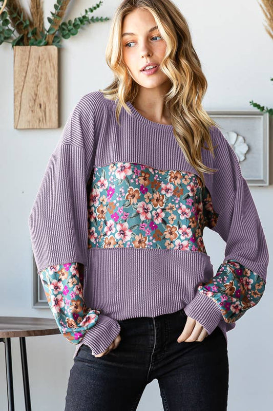 Dusty Lavender Floral Contrast Top | Long Puff Sleeve Ribbed Knit Blouse