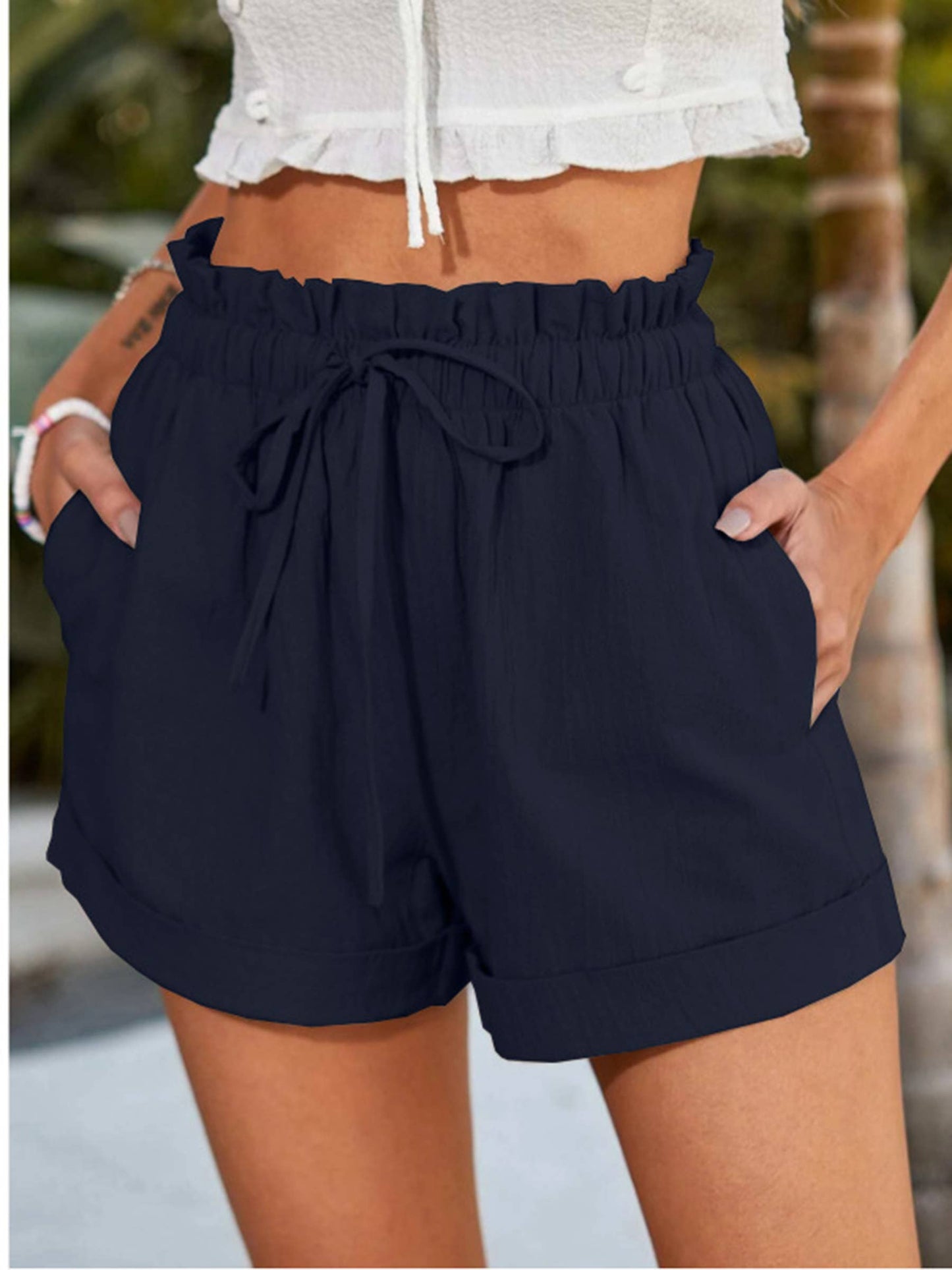 Navy High-Waisted Soft Knit Casual Shorts; Summer Everyday Staple