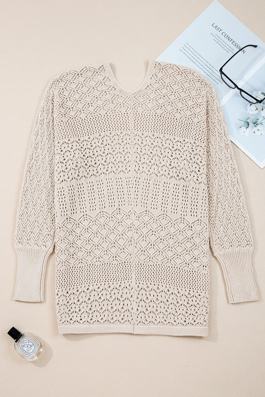 Redwood Burl Mix Pattern Hollowed Knit Open Front Cardigan