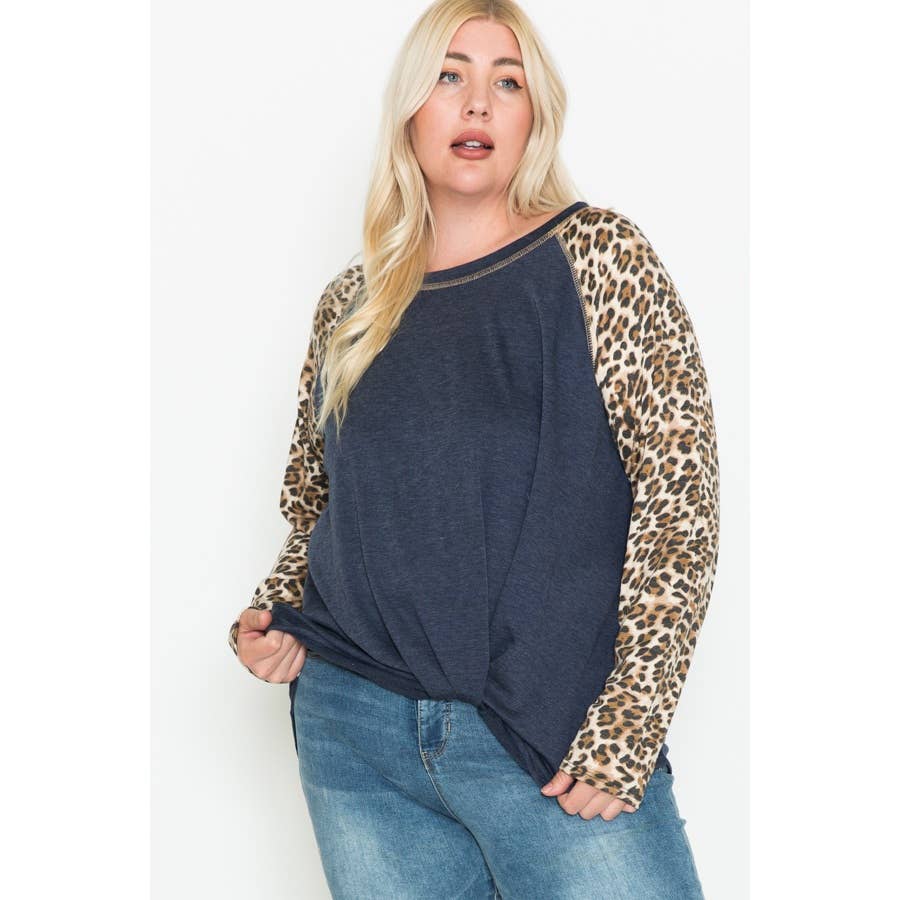 Plus-Size Front-Hem Knotted Long-Sleeve Top | Floral Print & Solid Color-Blocked Contrast