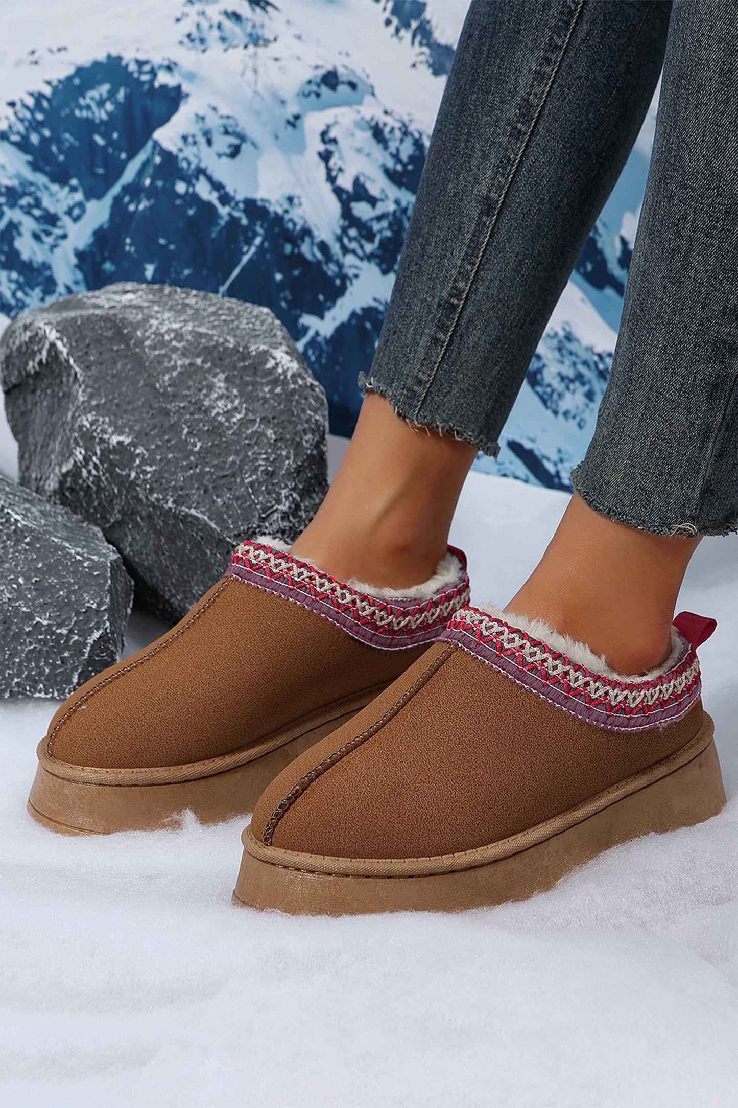 Chestnut Contrast Print Suede Plush Lined Snow Boots