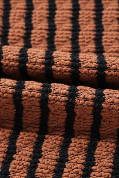 Sky Blue Stripe Textured Frilly Trim Buttons Henley Long Sleeve Top