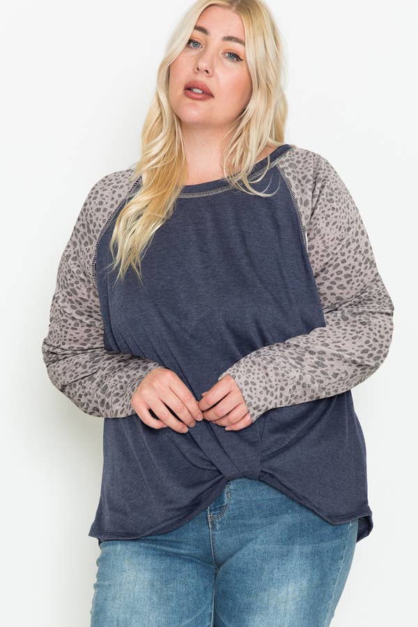 Plus-Size Front-Hem Knotted Long-Sleeve Top | Floral Print & Solid Color-Blocked Contrast