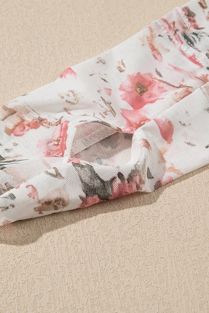 Pink Floral Long Sleeve High Neck Sheath Mesh Top
