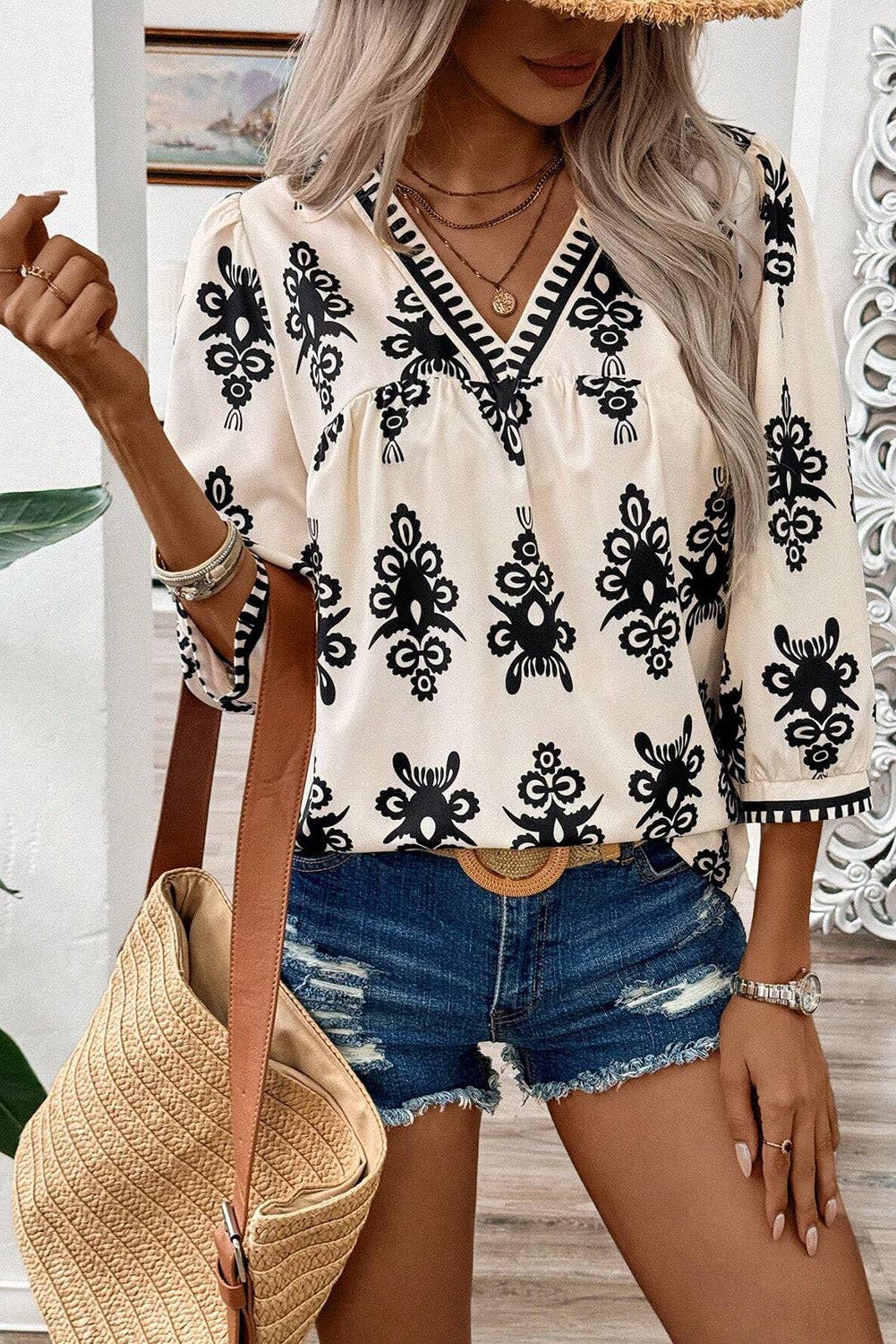 Geometric Print V-Neck Blouse - 3/4 Sleeve in Beige/Black or Beige/Orange