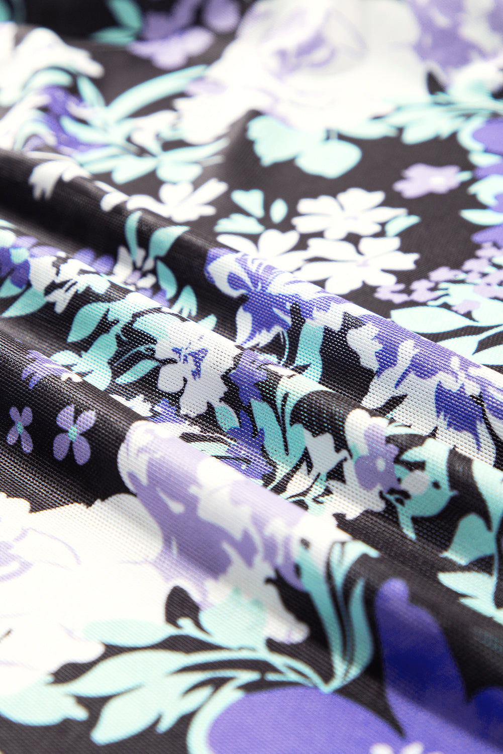 Green Floral Print Mesh Fitted Long Sleeve Top