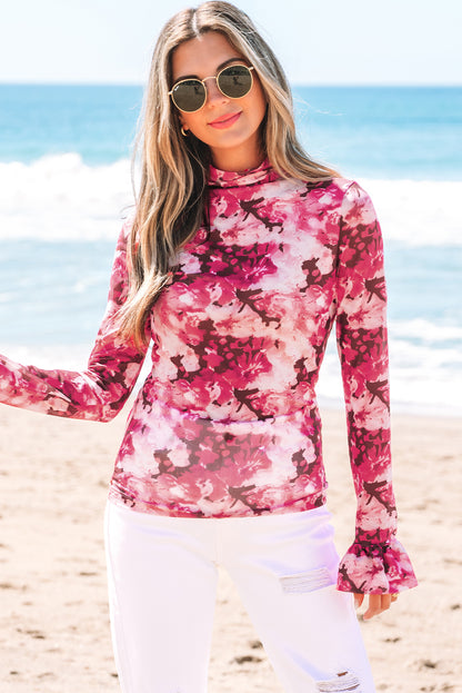 Rose Floral Mesh Flounce Sleeve Mock Neck Blouse