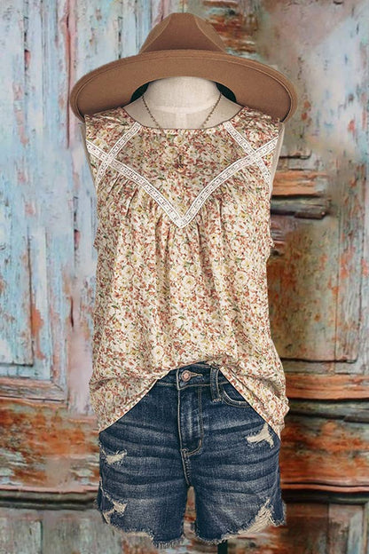 Floral Crochet Trim Tank - Soft Boho Lace Detail in Neutral Print