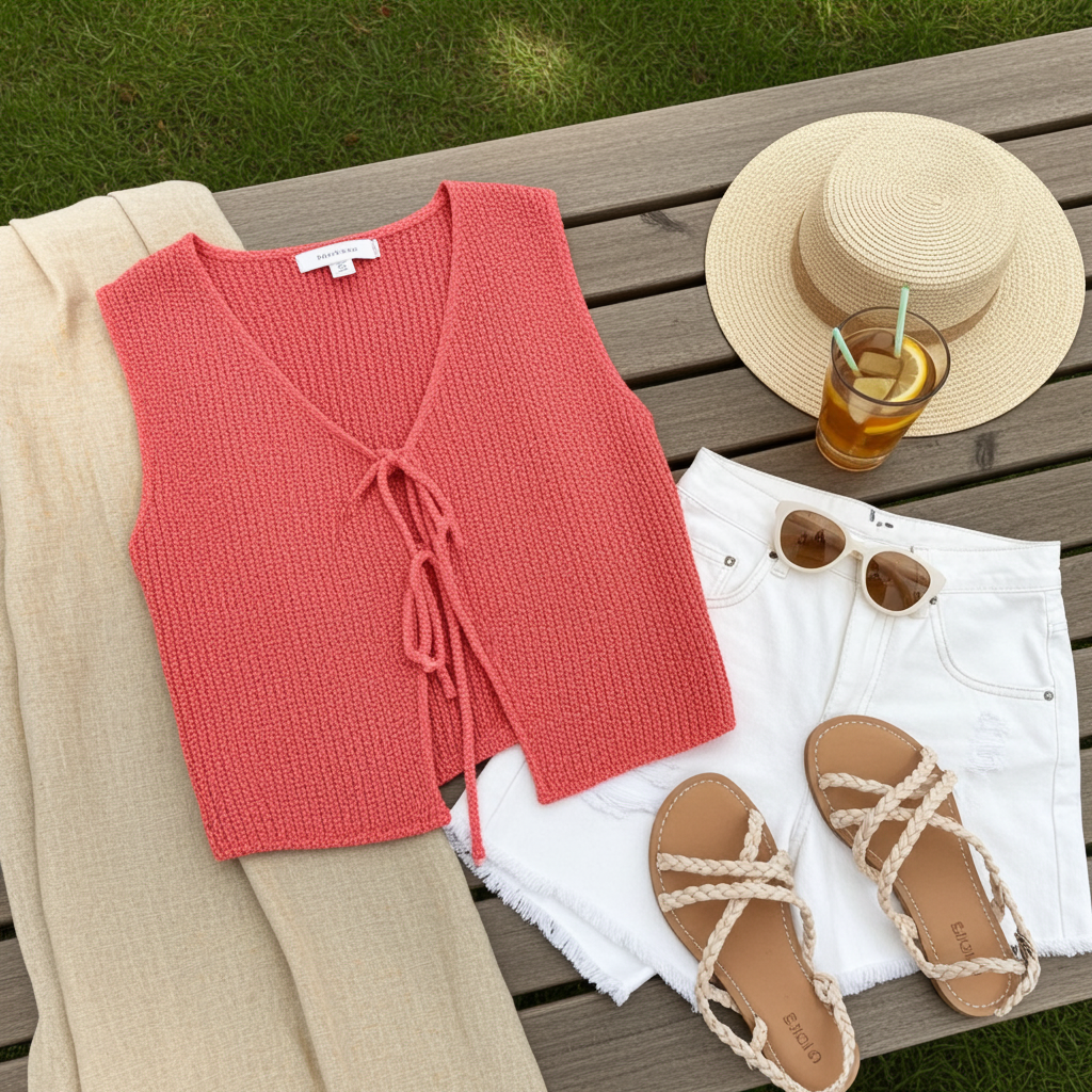 Tomato Red Lace-Up Front V-Neck Sweater Vest – Sleeveless Knit Layering Top