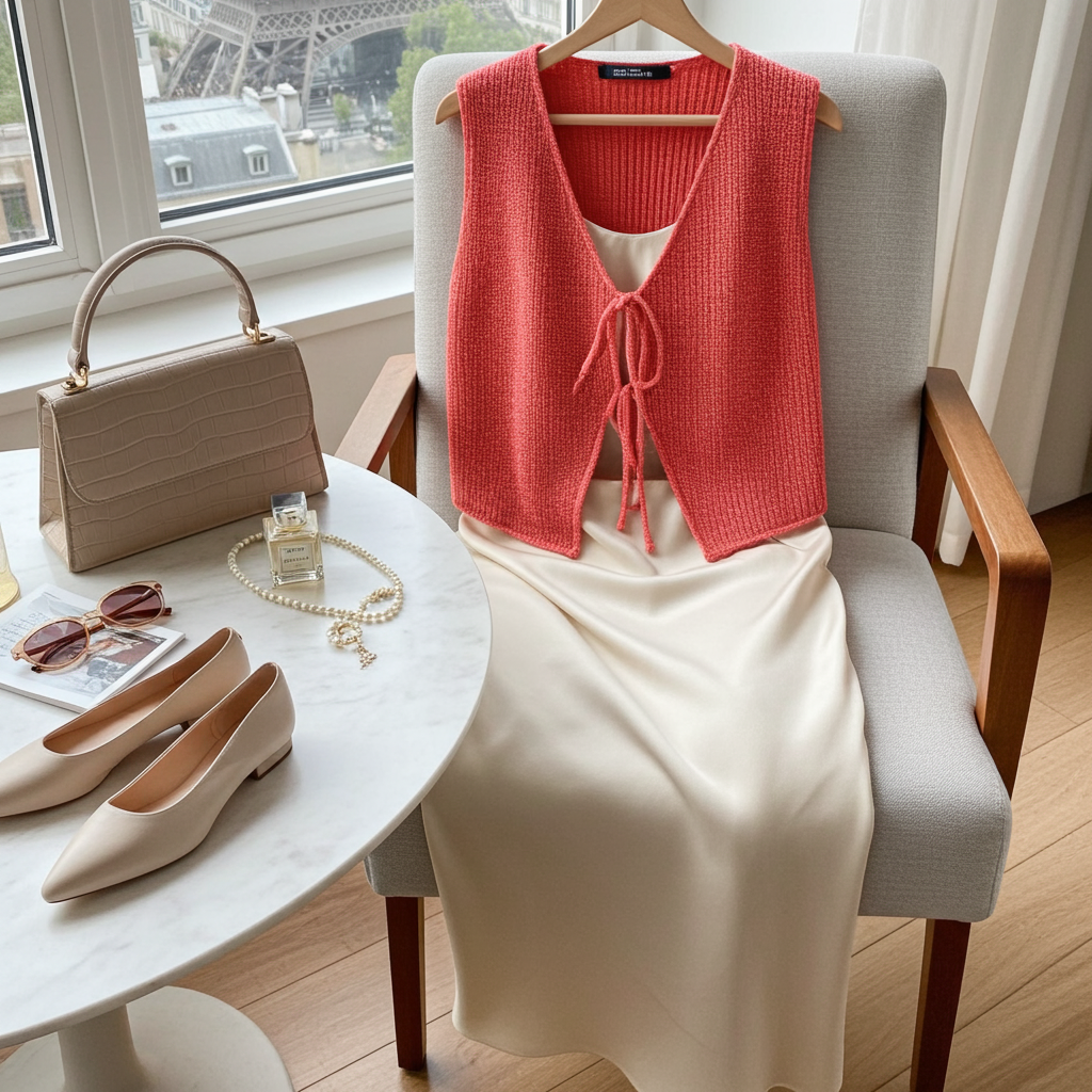 Tomato Red Lace-Up Front V-Neck Sweater Vest – Sleeveless Knit Layering Top