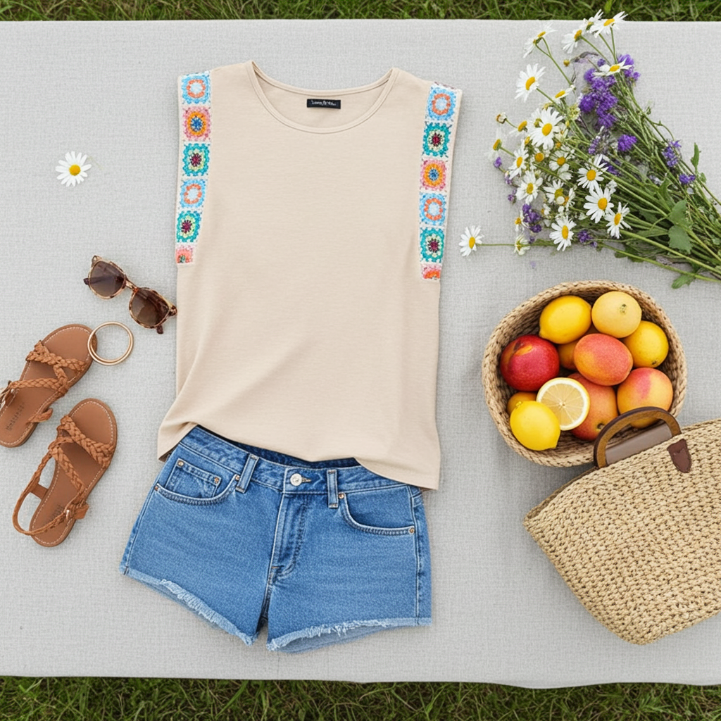 Apricot Ribbon Patchwork Tee - Boho Spirit
