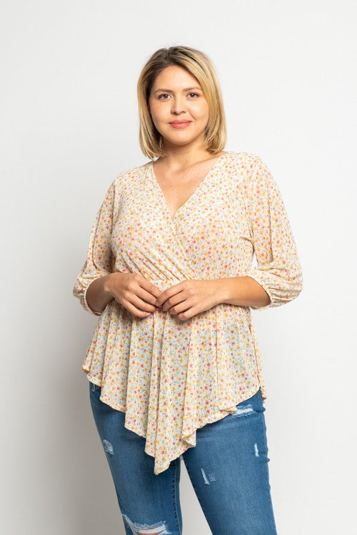 Plus Size Floral Mesh Surplice Peplum Top