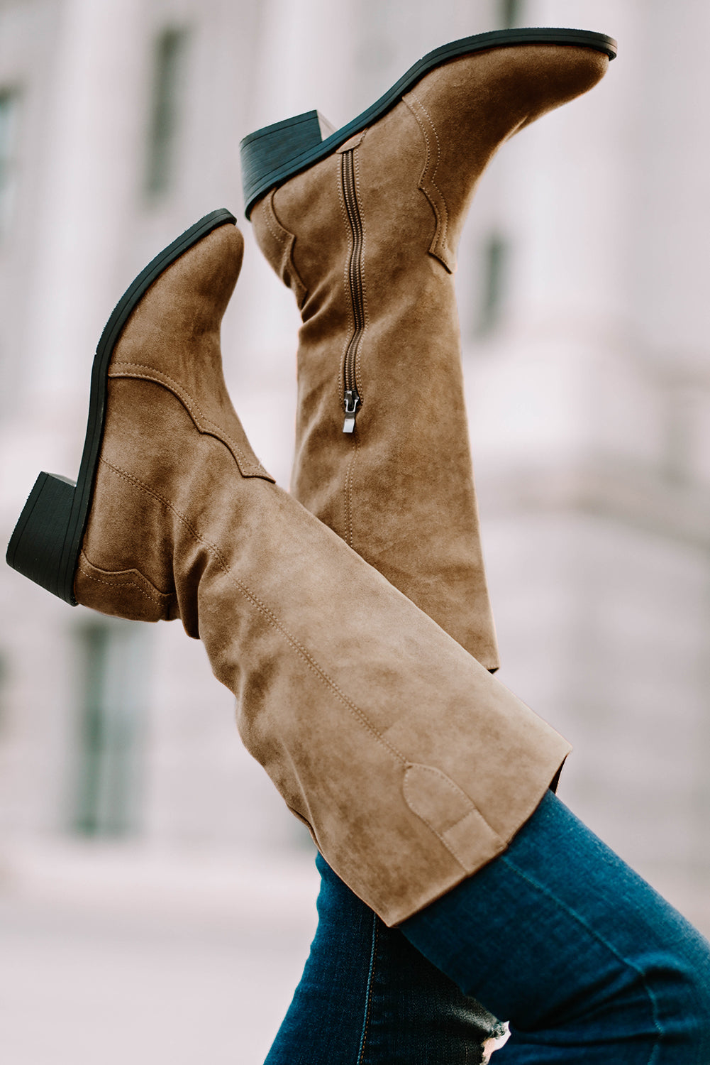 Brown Zipped Faux Suede Point Toe Thick Heel Boots