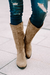 Brown Zipped Faux Suede Point Toe Thick Heel Boots