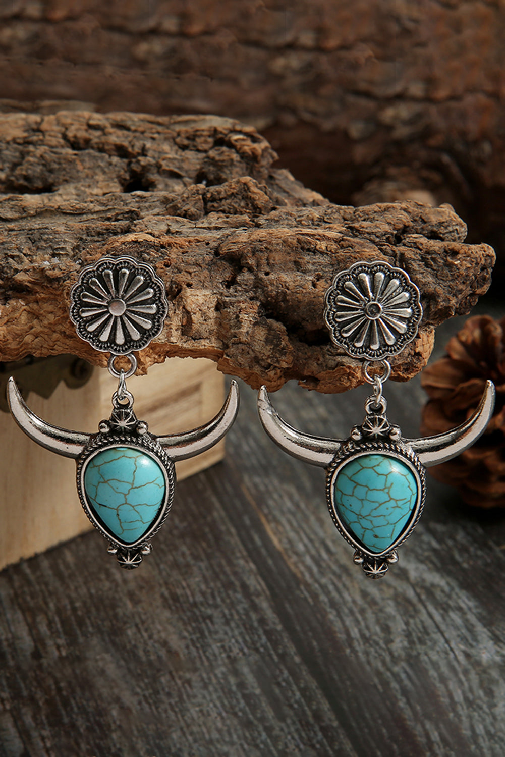 Turquoise Steer Skull Sunflower Earrings