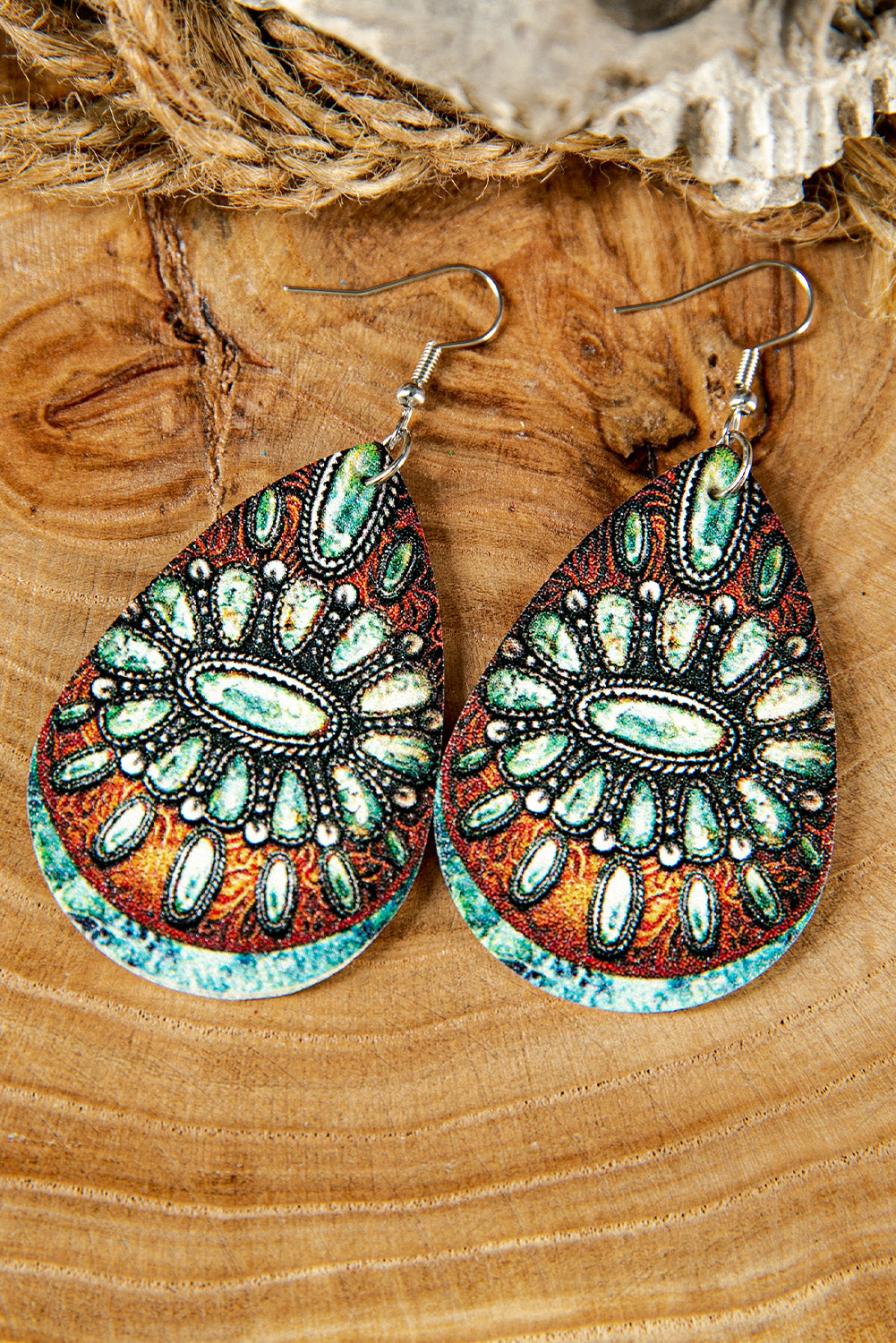 Brown Pattern Color Block PU Leather Earrings