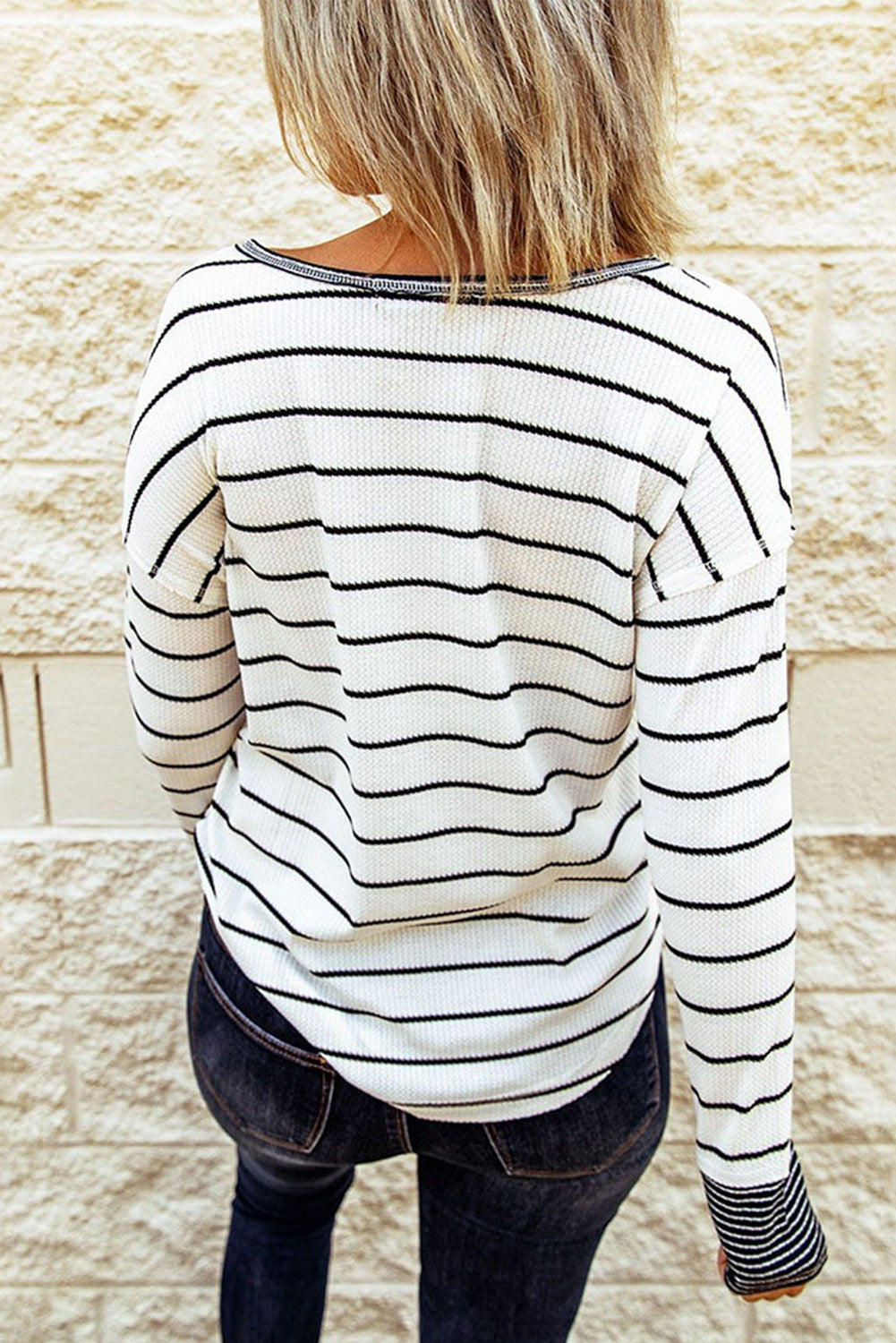 Striped Color Block Buttoned Waffle Knit Shirt