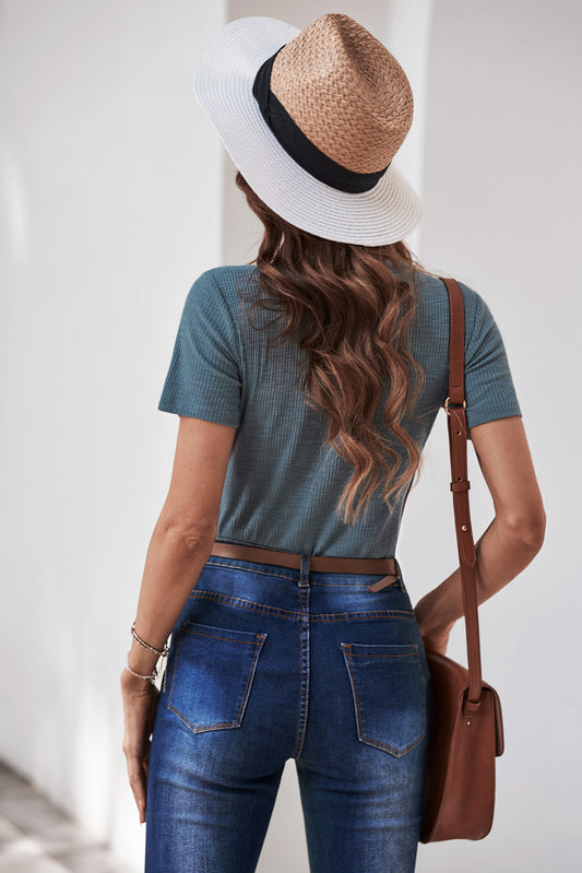 Dusty Blue Buttoned Ribbed Knit Short Sleeve Top