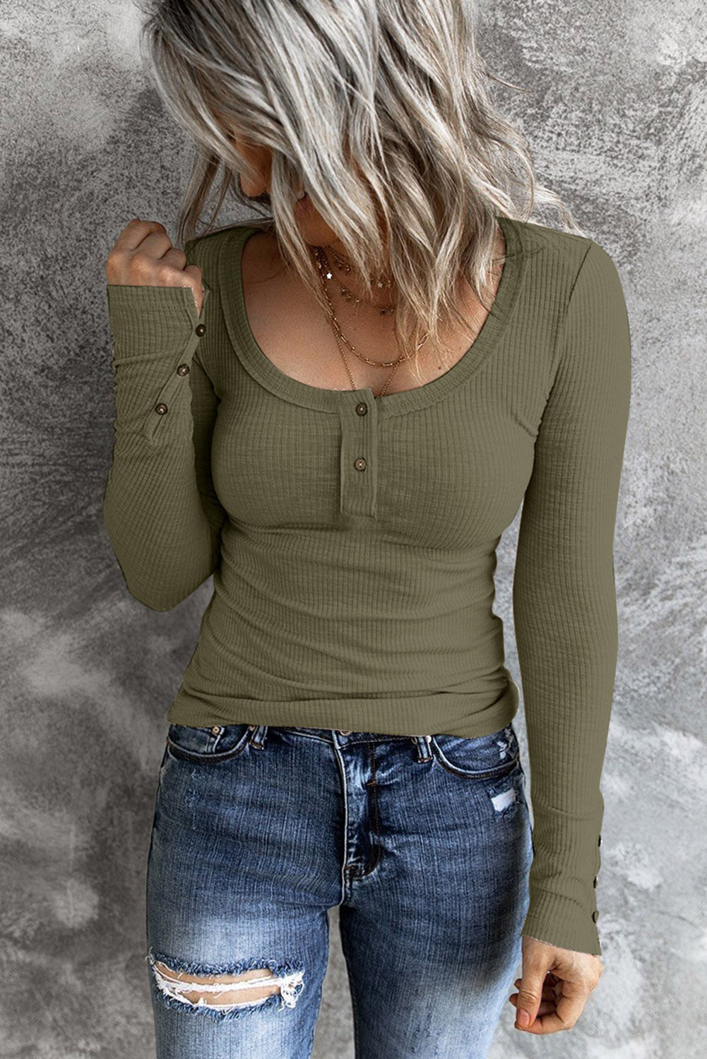 Green Crewneck Buttons Ribbed Knit Long Sleeve Top