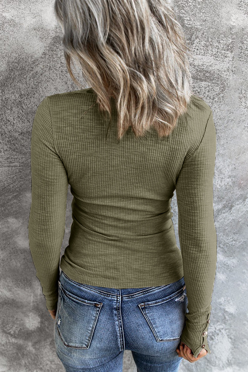 Green Crewneck Buttons Ribbed Knit Long Sleeve Top