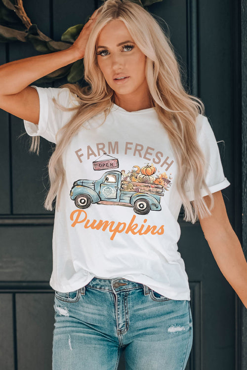 White Farm Fresh pumpkin graphic tee with crew neck and short sleeves