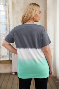 Plus Size Gray Crew Neck Tie-dye Color Block  Tee