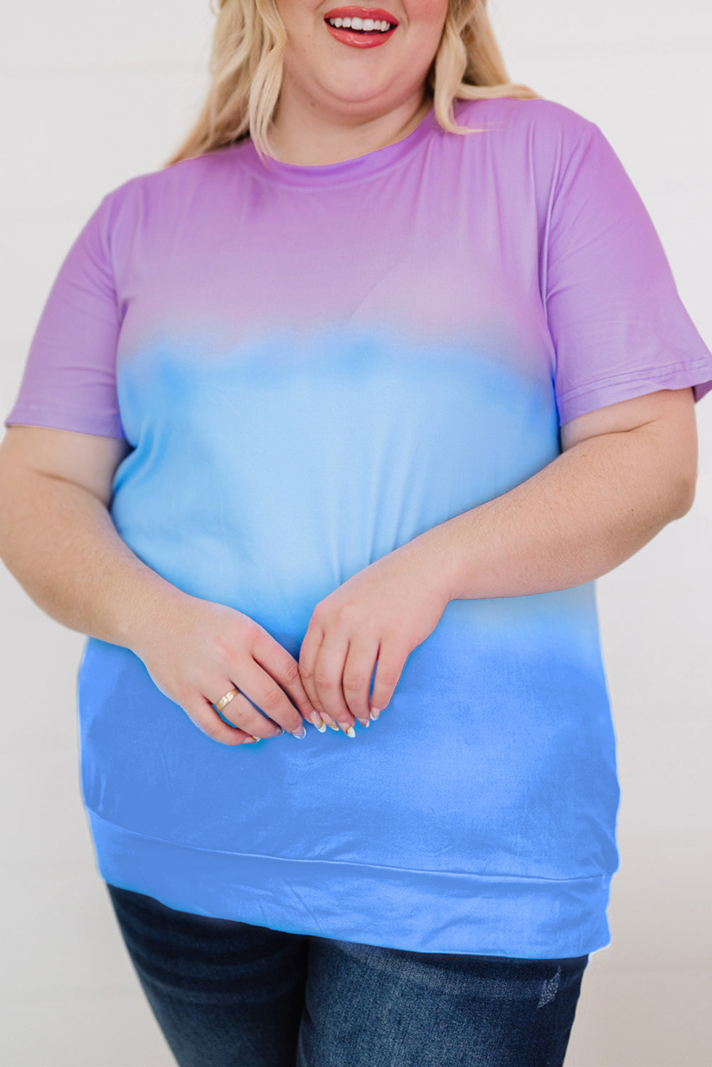 Plus Size Gray Crew Neck Tie-dye Color Block  Tee